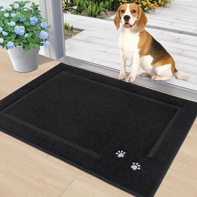 BEQHAUSE Dog Door Mat for Muddy Paws 24"x36" Dirt Trapper Absorbent Doormat Non Slip Entryway Rugs Washable Stain Resistant Welcome Floor Mat Soft Low-Profile for Front Back Door, Black