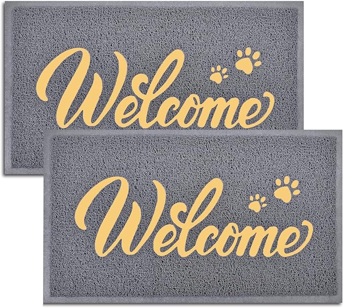 T.HENV Welcome Mat Outdoor, 2 Pack 32x20 Waterproof All-Season Front Door Mat Outside Entrance, All-Weather Quick Drying, Low Profile Doormat Indoor, Patio Porch Entryway Mat, Grey-Gold