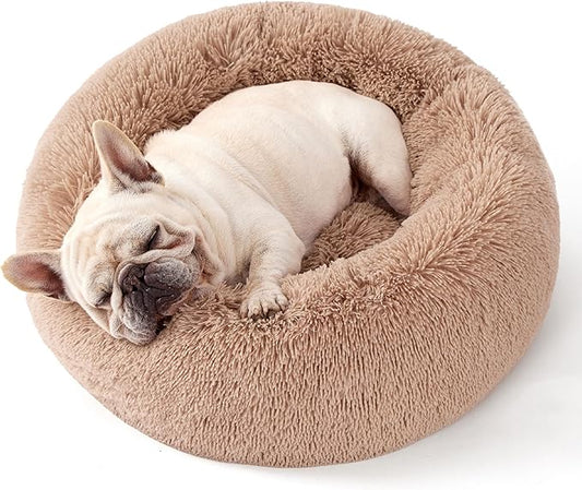 Bedsure Calming Dog Bed Medium Large Size Dogs - Donut Washable Large Pet Bed, 33 inches Anti-Slip Round Fluffy Plush Faux Fur Dog Bed, Camel