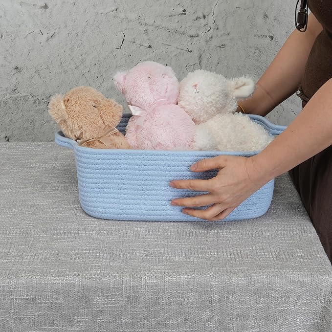 XUANGUO Woven Cotton Rope Storage Basket with Handles for Organizing Shelves Closet Small Cat Dog Pet Toy Baskets Box Bin Decorative Rectangle Baby Nursery Basket Gift Basket Empty blue