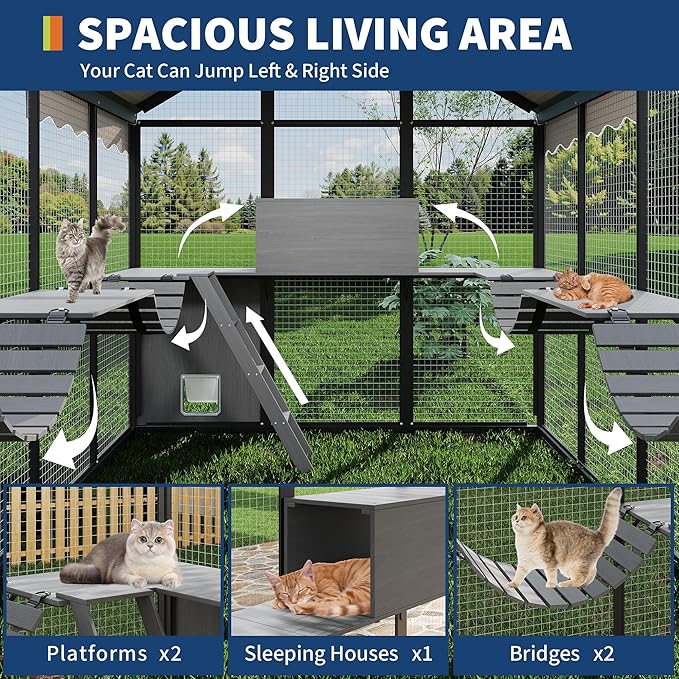 Aluminum Extra Large Catio Outdoor Cat Enclosure for Multiple Cats, Catio Large Cat Run, Cats Run Enclosure Walk in Kitten Condo with Channels, Side Door, UV Proof Cover, Huge Condo, Platform