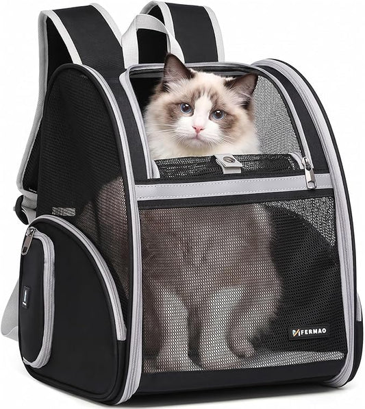 Cat Backpack Carrier for Small Dogs and Medium cat Puppy Kitten Bunny Pet Carrier Backpack Collapsible with Fully Ventilated Mesh with Safety Leash (Black, 12.9" L x 10.62" W x 15.5" H - M)