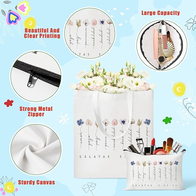 Y1tvei Spanish Floral Canvas Bag - 2Pcs Cute Watercolor Flower Print Bible Verse Canvas Tote Bag Makeup Pouch, Reusable Grocery Shopping handbag Christian Gifts for Religious Faith Church Party Favors