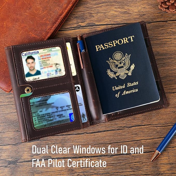STAR VISTA Domenico Full Grain Leather Pilot Passport Wallet, Trifold Travel Document Organizer with RFID Blocking, Transparent Doc & Dual ID Windows, AirTag Slot, Pen & Travel Notebook
