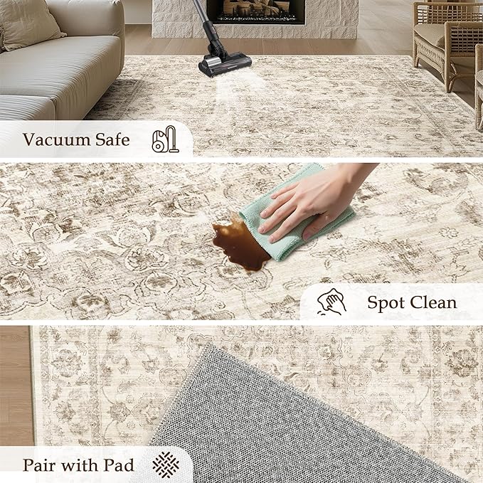 8x10 Washable Neutral Area Rug Beige Vintage Living Room Bedroom Carpet Non-Slip Medium Pile Thicker Floral Indoor Large Throw Rug for Dining Room Office