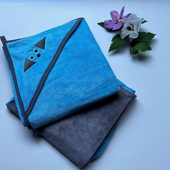 Penny & Niko Multi Purpose Microfiber Pet Towel - Drying Towel/Hooded Robe for Dogs and Cats (30 x 30-2 Pack, Blue/Gray)