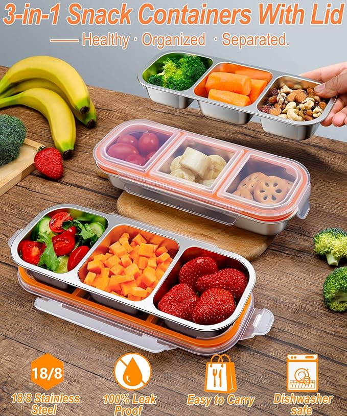 KTKUDY 5 Pack Stainless Steel Snack Containers for Kids & Adults - Leak-Proof 3-Compartment Stackable Snack Lunch Boxes for School, Work & Travel