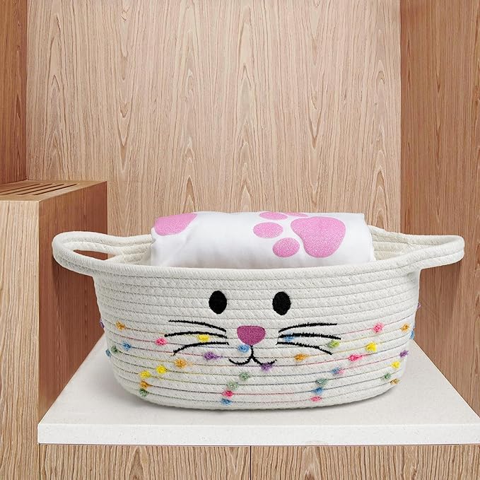 Small Woven Baskets for Organizing Rope with Handle Cute Cotton Basket for Nursery Gift Dog Cat Toy Storage Basket for Toy Organizer-White