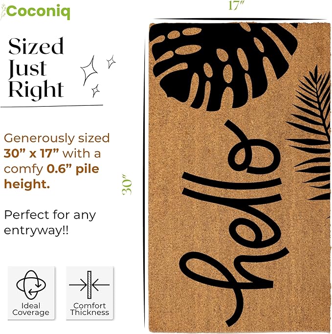 COCONIQ Coir Door Mats 17" X 30", Non-Slip Sturdy, PVC Backed Heavy Duty, Easy to Clean, Ideal for Door Entrance, Patio, Porch, Backyard, Garages, Hello - Black Leaves