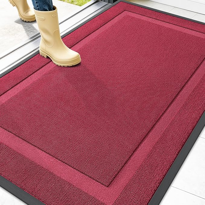 OLANLY Front Door Mat Indoor Outdoor Entrance, Waterproof All-Season, All-Weather Doormat, Sturdy Natural Rubber, Low Profile, Easy Clean Patio Porch Entryway Mat, 47x32, Burgundy