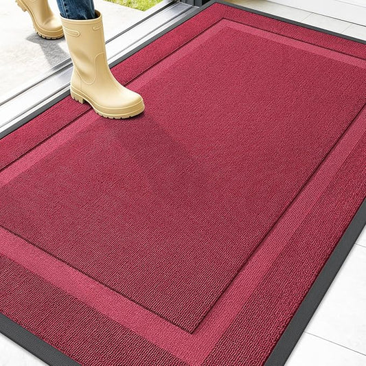 OLANLY Front Door Mat Indoor Outdoor Entrance, Waterproof All-Season, All-Weather Doormat, Sturdy Natural Rubber, Low Profile, Easy Clean Patio Porch Entryway Mat, 47x32, Burgundy