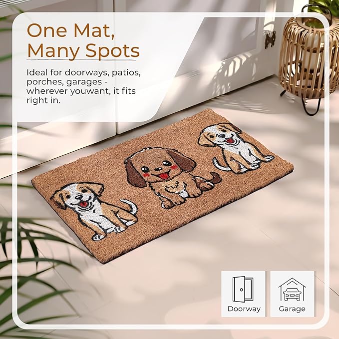 COCONIQ Coir Door Mats 17" X 30", Non-Slip Sturdy, PVC Backed Heavy Duty, Easy to Clean, Ideal for Door Entrance, Patio, Porch, Backyard, Garages, The 3 Cute Musketeer Puppies