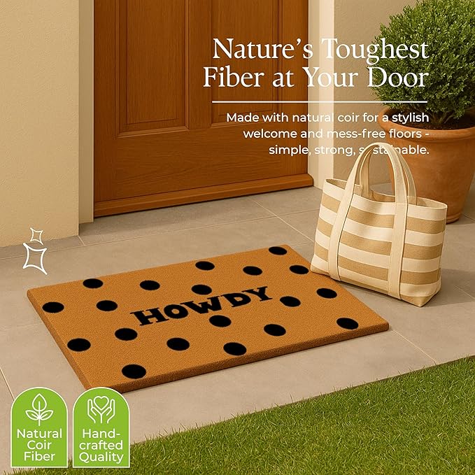 COCONIQ Coir Door Mats 17" X 30", Non-Slip Sturdy, PVC Backed Heavy Duty, Easy to Clean, Ideal for Door Entrance, Patio, Porch, Backyard, Garages, Howdy Black Circles