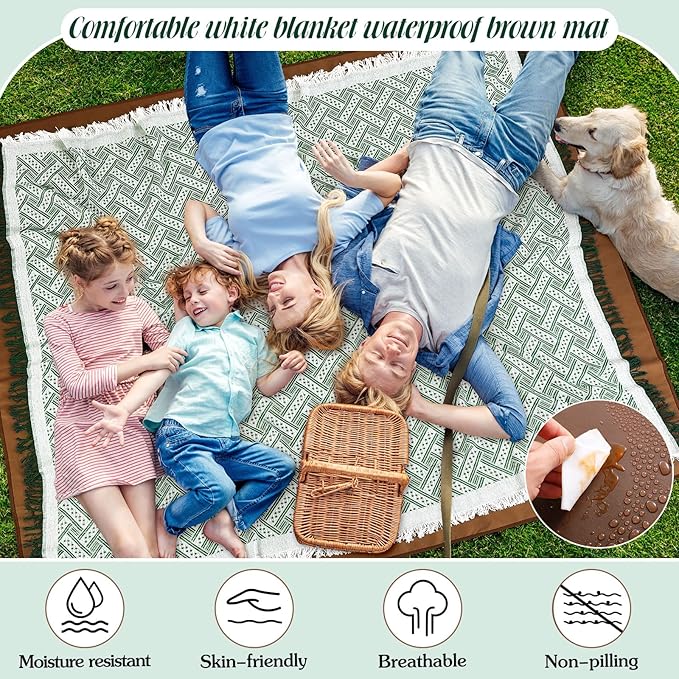 VitalCozy Waterproof Picnic Blankets Outdoor Blanket Foldable 2 in 1 Double Layer Sandproof Beach Mat with Carry Strap for Camping Lawn Park Beach Grass(Green White)