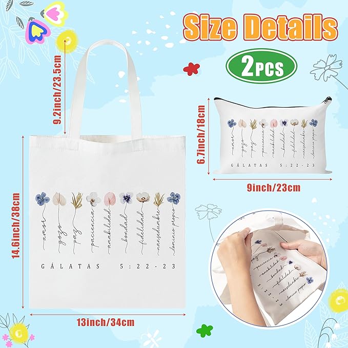 Y1tvei Spanish Floral Canvas Bag - 2Pcs Cute Watercolor Flower Print Bible Verse Canvas Tote Bag Makeup Pouch, Reusable Grocery Shopping handbag Christian Gifts for Religious Faith Church Party Favors