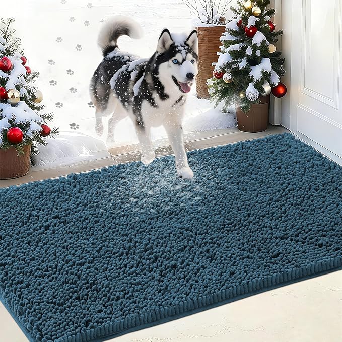 IM HOME Chenille Absorbent Outdoor Doormat 60" x 36", Washable Muddy Door Mats for Dog Non Slip Indoor Doormat Dog Mat for Muddy Paw Front Inside Doormats for Entryway Atlantic Blue