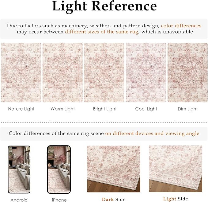 12x15 Neutral Area Rug Pink Vintage Living Room Bedroom Washable Carpet Non-Slip Soft Low Pile Farmhouse Indoor Extra Large Throw Rug for Dining Room Office