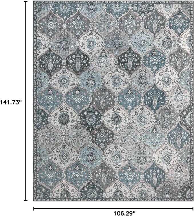 Lahome Moroccan Trellis Washable Rugs 9x12, Soft 9x12 Area Rug for Living Room Bedroom, Ultra-Thin Non-Slip Non Shedding Distressed Throw Large Carpet for Dining Room Office Elise, Blue