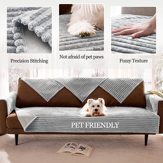 Meider Dual Non-Slip Couch Cover for Dogs Waterproof, Fuzzy Soft Pet Couch Covers for Sofa 3 Cushion, Pet Friendly Soft Dog Bed Covers Sofa Cover Washable (Seagull Gray, 33" x 85" 1 Pack)