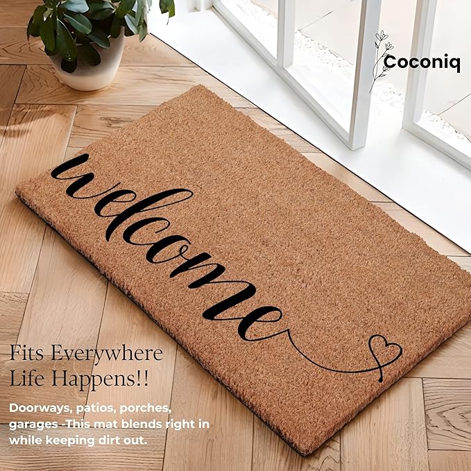 COCONIQ Coir Door Mats 17" X 30", Non-Slip Sturdy, PVC Backed Heavy Duty, Easy to Clean, Ideal for Door Entrance, Patio, Porch, Backyard, Garages, Welcome with Love