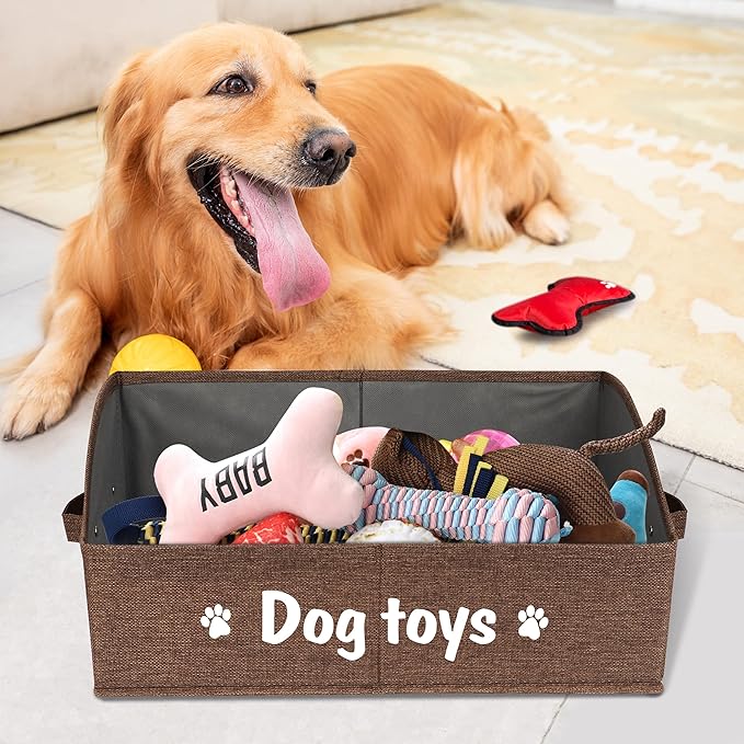 PET ARTIST Sturdy Collapsible Dog Organization and Storage Basket Accessible,Cute Dog Toy Storage with Handles,Dog Toy Box Bin Large for Chew Toys,Clothes,Squeak Toys,Brown