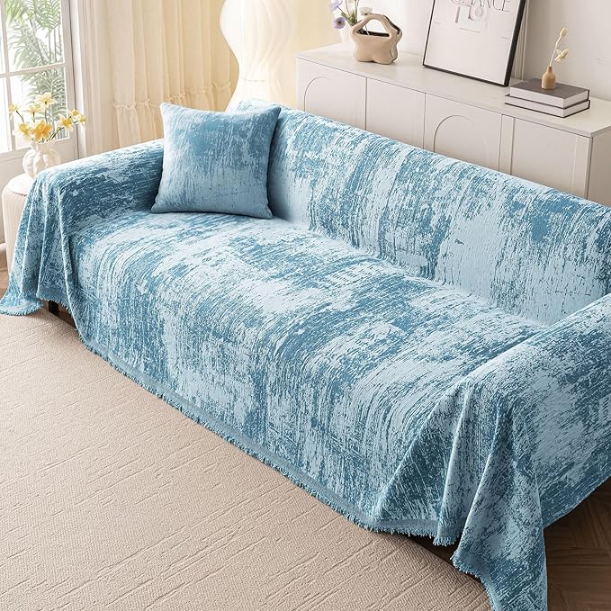 hyha Couch Cover for Dogs, Boho Sofa Covers for 3 Cushion Couch Washable, Chenille Sofa Slipcover for Pets, Soft Loveseat Sectional Couch Throw Blankets with Tassels (Blue/White, 71x134 Inch)