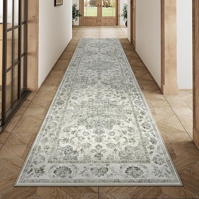 2x8 Washable Neutral Runner Rug Green Vintage Hallway Kitchen Carpet Non-Slip Soft Low Pile Farmhouse Throw Rug for Bedroom Bathroom Laundry Living Room