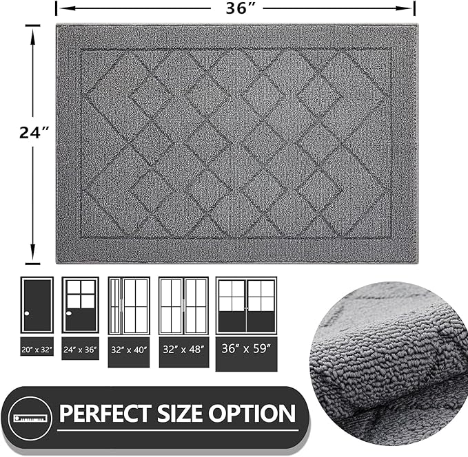 REFETONE Indoor Doormat, Front Back Door Mat 24"x36" Rubber Backing Non Slip Mats, Absorbent Washable Entrance Doormat for Entryway, Resist Dirt Low-Profile Inside Floor Mat for Muddy Shoes, Grey