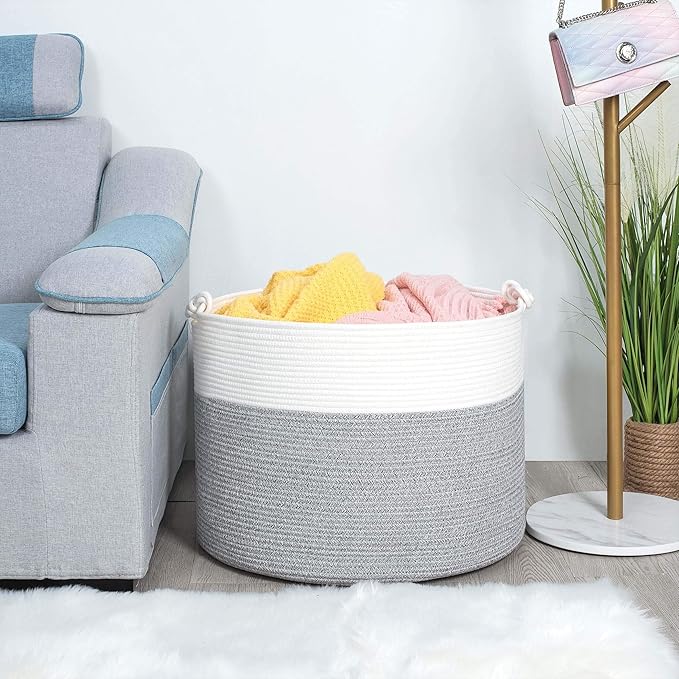 MINTWOOD Design Extra Large 22 x 16in Decorative Woven Cotton Rope Blanket Storage Basket Bin Living Room with Handles and Laundry Hamper for Pillows, Pool Towels, Dog Toys, Shoes, Light Grey