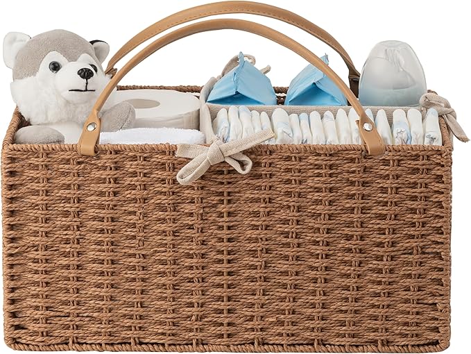 HBlife Baby Diaper Caddy Organizer, Paper Rope Storage Baskets Nursery Bin with Removable Divider, Portable Car Organizer for Diapers, Baby Shower Gifts, Newborn Essentials Must Haves