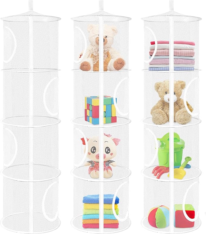 3Pcs Stuffed Animal Storage Foldable Stuffed Animal Net or Hammock Organizer, 4 Compartments Hanging Toy Storage Organizer, Toy Organizer for Kid Room Toys, Gloves, Hats, Socks(White)