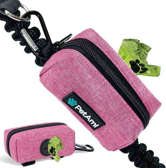 PetAmi Dog Poop Bag Holder for Leash, Dog Treat Pouch Leash, Pet Waste Bag Dispenser with Clip, Doggy Puppy Walking Accessories Supplies with 1 Dog Bag Roll (Pink, 1 Pack)