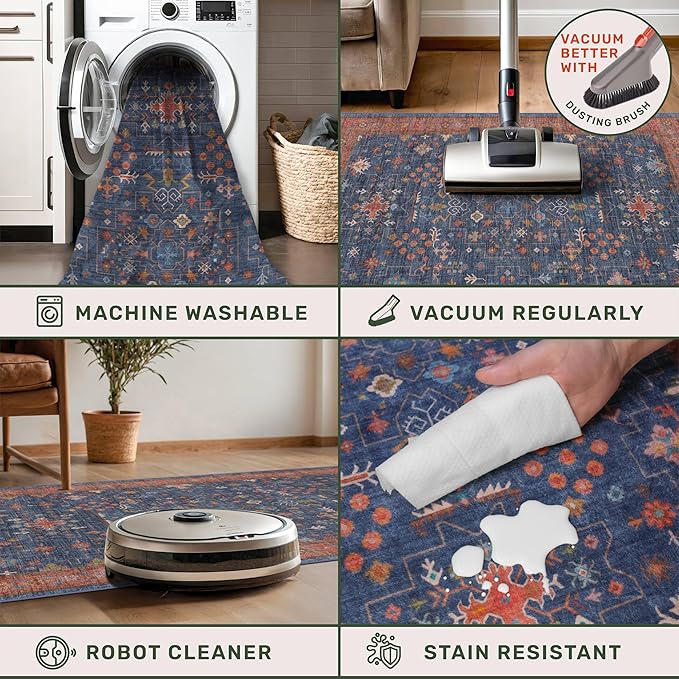 Navy Blue Runner Rug 2x5 for Hallway, Kitchen, Bathroom, Mudroom, Laundry Room, Washable Non Slip Non Skid Rubber Backing Low Pile Stain Resistance