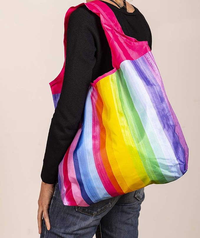 O-WITZ Reusable Grocery Bags | Vibrant Tote Bag For Groceries, Gym, Office Supplies, Beach, Toys & More | Washable Design With Large Handles For Maximum Convenience | Folds Into A Small Pouch, Rainbow