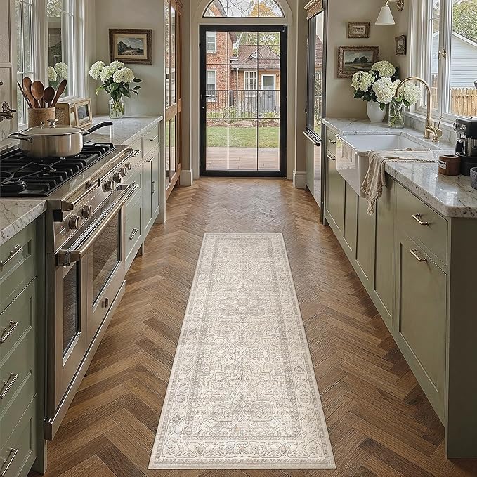 2x6 Washable Vintage Runner Rug Beige Oriental Hallway Kitchen Throw Rug Neutral Non Slip Soft Low Pile Carpet for Bathroom Laundry Bedroom Living Room