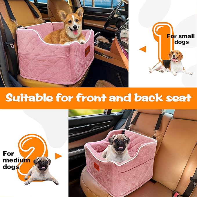Dog Car Seat for Small Medium Dogs, Detachable Washable Dogs Booster Seat Under 35lbs, Elevated Dog Car Bed with Storage Pockets (Pink, One Size)