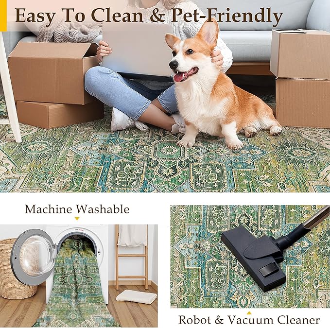 9x12 Washable Vintage Area Rug Green Oriental Living Room Bedroom Throw Rug Neutral Non Slip Soft Low Pile Carpet for Dining Room Office Nursery Indoor