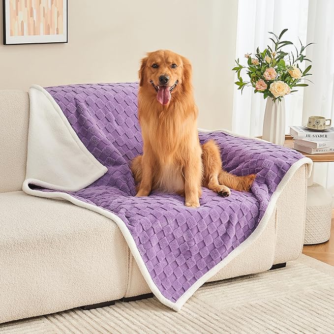 Yaning Checkered Waterproof Blanket for Bed Couch Sofa Car, Fluffy Soft Dog Blanket with 3D Jacquard Grid Pattern, Reversible Leakproof Pet Blankets for Dogs Cats Puppies, Dusty Purple, 50"x60"