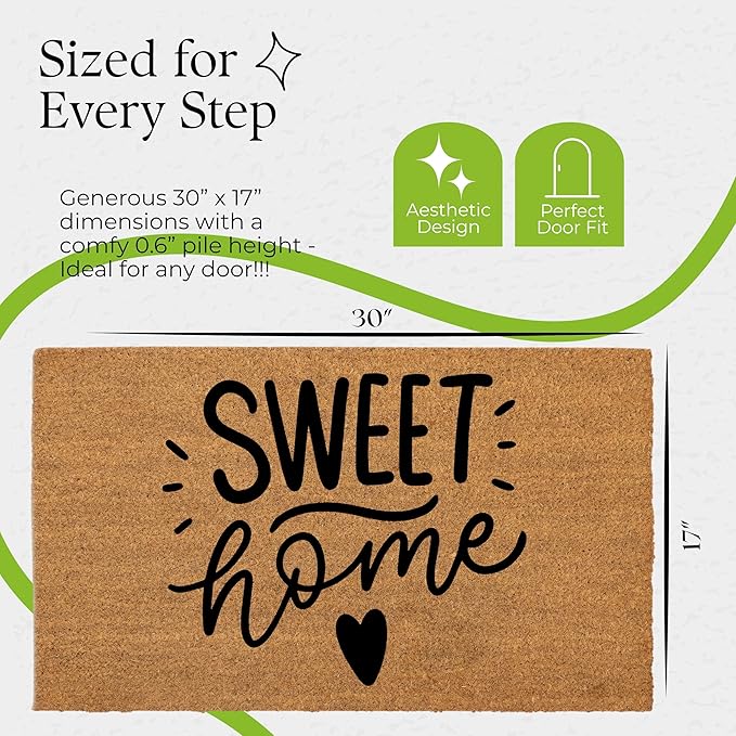 COCONIQ Coir Door Mats 17" X 30", Non-Slip Sturdy, PVC Backed Heavy Duty, Easy to Clean, Ideal for Door Entrance, Patio, Porch, Backyard, Garages, Sweet Home with Hearts