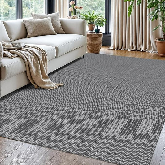 KOZYFLY Washable Area Rug for Living Room 5x7 Ft Bedroom Rug with Runner Backing Braided Cotton Dining Room Rug, Floor Carpet for Living Room Dining Room Bedroom, Grey/Charcoal Grey