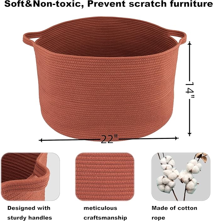 XUANGUO Extra Large Cotton Rope Basket Blankets Basket Living Room 22"x14" Toy Baskets for Kids and Dogs Rope Storage Baskets for Nursery Woven Laundry Baskets for Clothes Towels Baby Toy round rustic