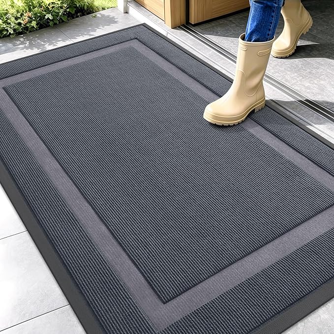 OLANLY Front Door Mat Indoor Outdoor Entrance, Waterproof All-Season, All-Weather Doormat, Sturdy Natural Rubber, Fade Resistant, Low Profile, Easy Clean Patio Porch Entryway Mat, 47x30, Light Grey