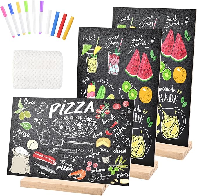 3 Pack 8.1x12 in Chalkboard Signs with Stand for Tables Small Chalk Board Signs Tabletop Message Board Sign with Wood Base for Home Decorations Coffee Shop Restaurant Kitchen Wedding Party