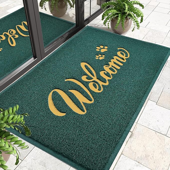 T.HENV Welcome Mat Outdoor, 2' x 3' (Rectangular), Green-Gold, Waterproof, Quick Drying, Low Profile, Heavy Duty, Non Slip, Fade Resistant, Custom Design, Front Door, Outdoor, Entryway, Patio, Porch