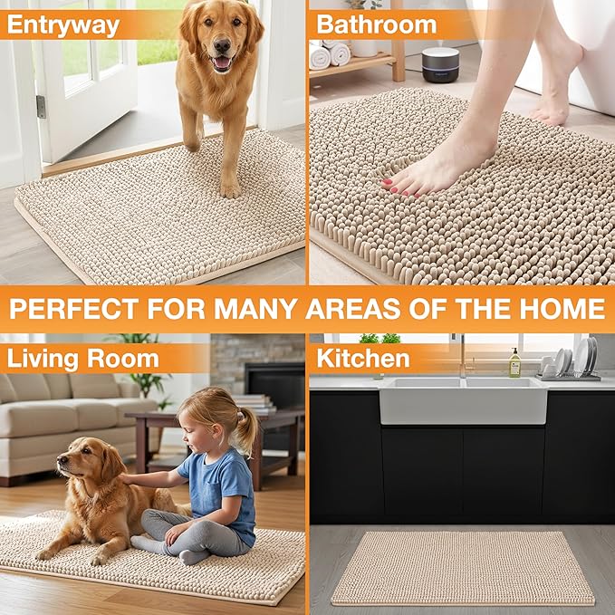Neater Pets Chenille Dog Door Mat 24” x 17” – Super Absorbent & Quick-Dry Muddy Paws Doormat for Trapping Dirt, Water, Mud - Non-Slip & Machine Washable Pet Rugs for Entryway, Indoor Mud Mats, Beige