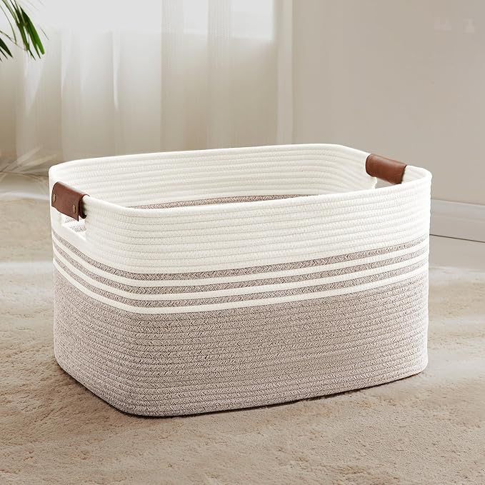 72L Large Laundry Basket with Leather Handles for Living Room Storage, Woven Rope Baskets Bin for Blanket, Kids Toy, Gifts, Wicker Hamper for Bedroom Dirty Clothes, 22"x17"x12" White Brown