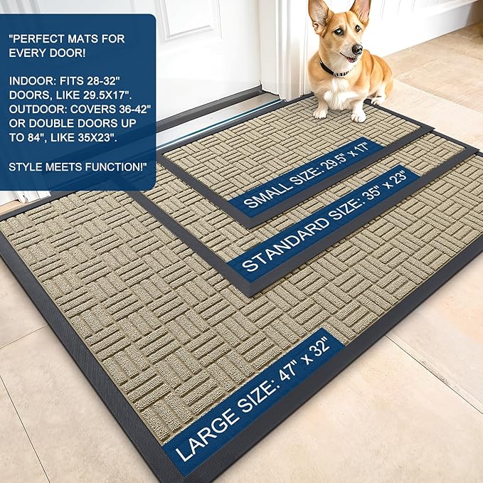 OLANLY Front Door Mat Outside Entrance 71x47, Absorbent, Heavy Duty Sturdy Natural Rubber Doormat Indoor Outdoor, Stain and Fade Resistant, Non-Slip Backing Low Profile Floor Mat for Entryway, Beige