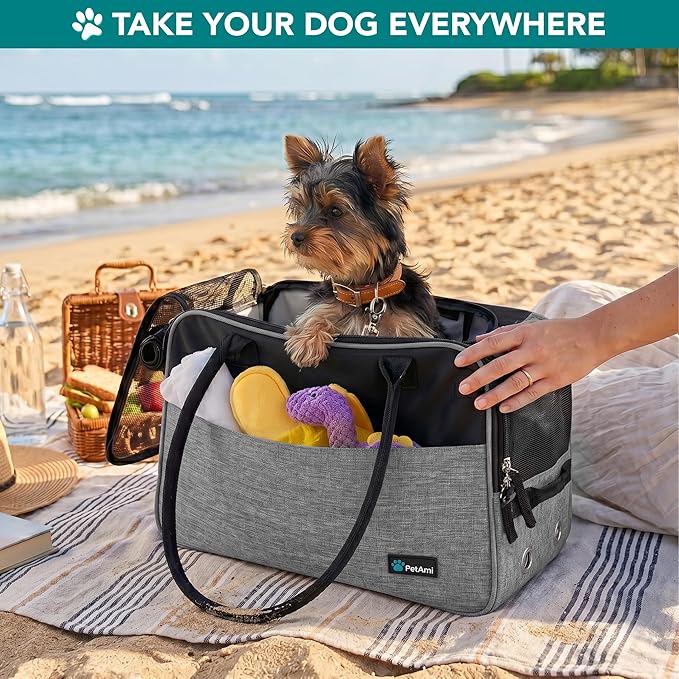 PetAmi Dog Purse Carrier for Small Dogs, Airline Approved Soft Sided Pet Carrier with Pockets, Ventilated Dog Carrying Bag for Puppy Cat, Dog Travel Supplies Bag, Sherpa Bed, Max 12 lbs, Gray