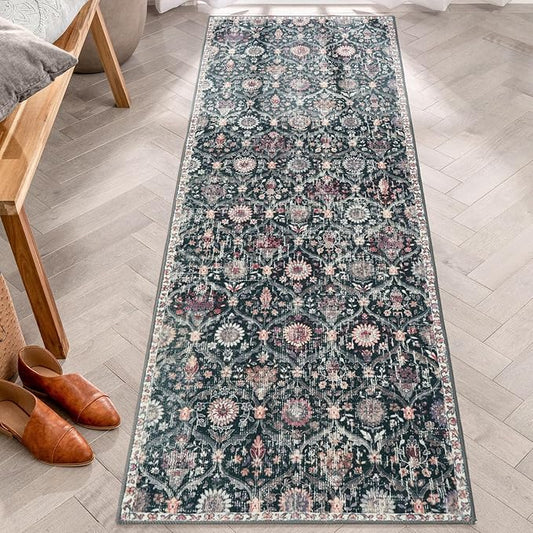Lahome Moroccan Trellis Washable Runner Rug, 2x6 Kitchen Runners for Hallways 6 Feet Non Slip, Vintage Laundry Room Rug Ultra-Thin Carpet for Bathroom Bedroom Entryway Elise, Black/Multi