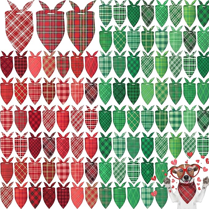 Abbylike 100 Pcs Valentine's & St. Patrick's Day Dog Bandanas Bulk Red & Green Plaid Bandanas for Dogs Triangle Kerchief Bib Scarf for Pet Holiday Costume Photo Props Accessories (19.7 x 13.8 x 13.8)